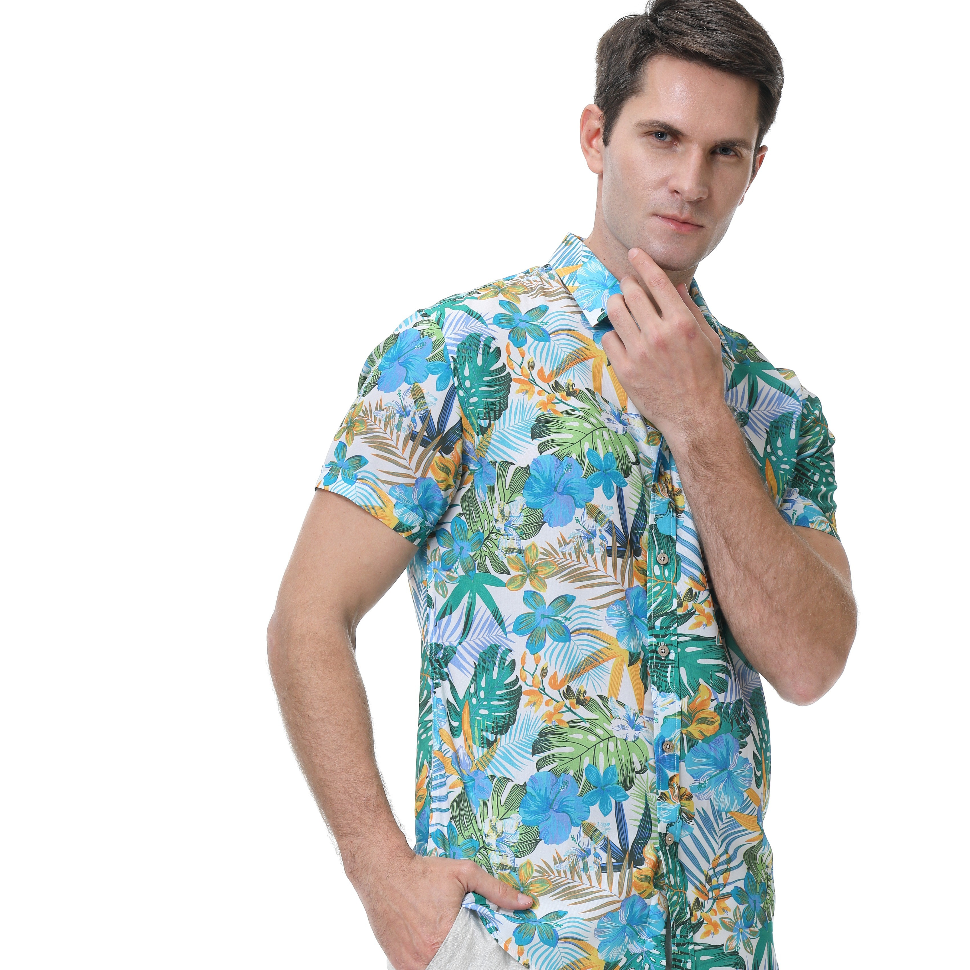 Men's 100% Silk Hawaiian Shirt - Leaf Print On Navy, Breathable & Machine Washable Tropical Shirt