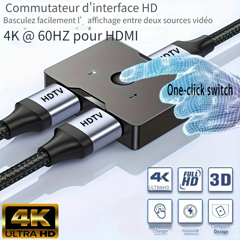 Commutateur HDMI 4K 60Hz, GANA Aluminium Bi-Direction HDMI Splitter Manuel HDMI  Switch, Dual HDMI 1 Entrée 2 Sortie ou 2 Entrée à 1, Support 4K 3D 1080P  HDCP pour HDTV Blu-Ray DVD