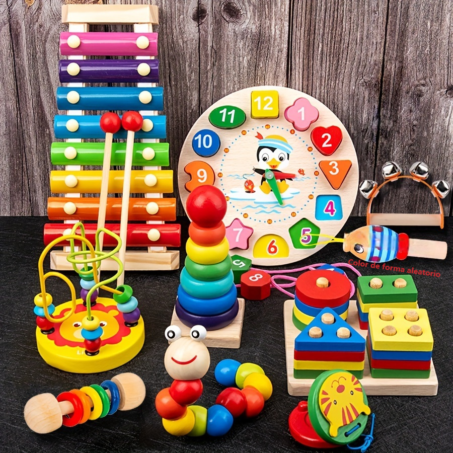  Juego de instrumentos musicales, juguetes musicales de madera,  pandereta de bebé de percusión, campanilla de muñeca de madera para bebés  de más de 3 años, educación preescolar, juguetes musicales de aprendizaje