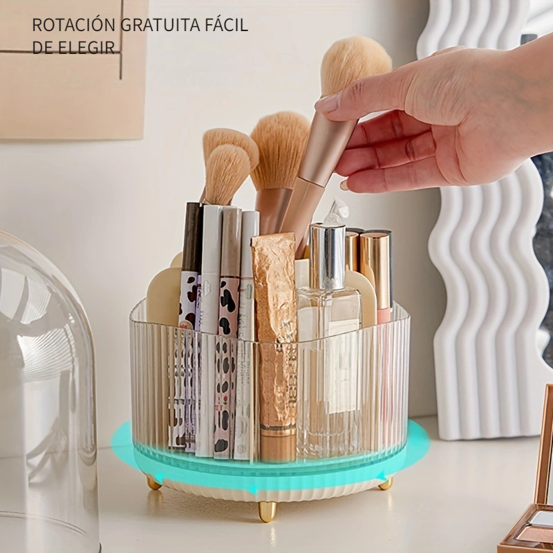 Caja de almacenamiento de brochas de maquillaje giratoria de 360 °,  organizador portátil de escritorio para cosméticos, lápiz labial, cejas,  sombra de ojos, soporte para brochas