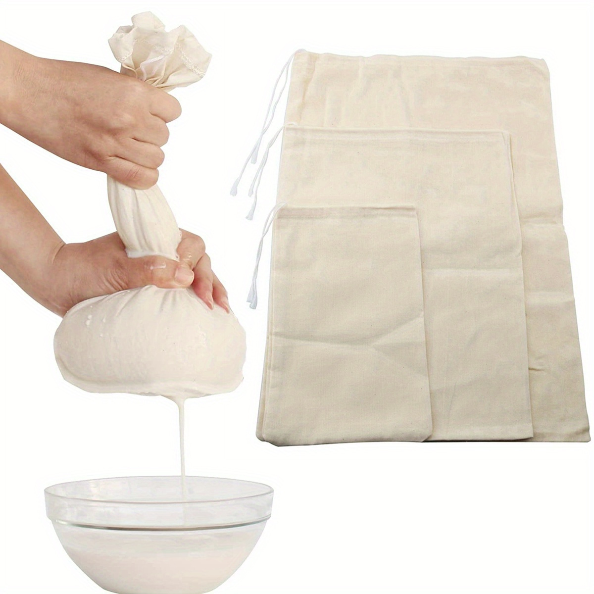 

3pcs Reusable Cheesecloth Bags For Restaurant, For Straining Coffee Filter Strainers, Mesh Pouch, Squeezable Natural Straining Nut Milk Filter Bag Kitchen Stuff Clearance Kitchen Accessories