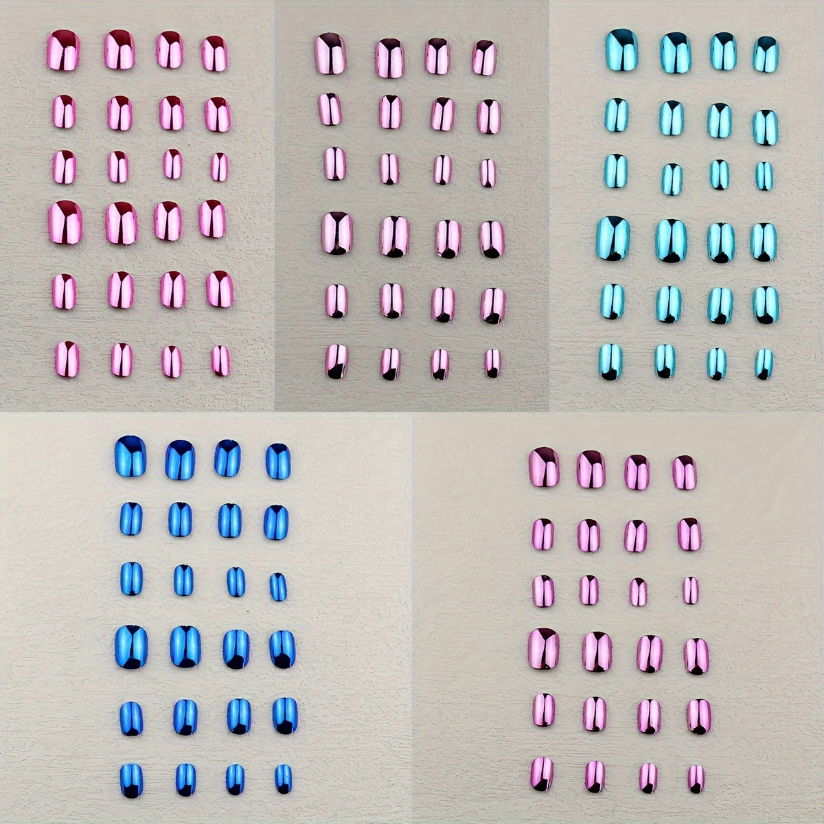 

120 Pcs Gel X Nail Kit Mirror Metal Plating Rose Pinkish Blue False Nails Short Oval Press On Fake Nails Set Pre-coated Glue Reusable Full Cover False Nails Art