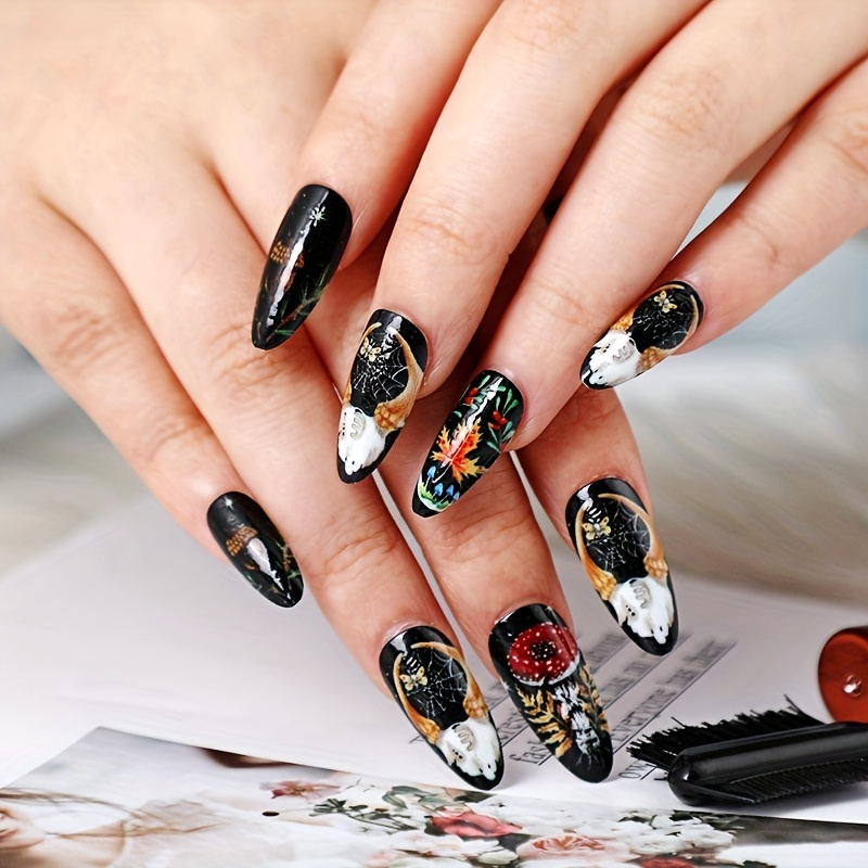 

Glossy Hand Painted Press On Nails, Medium Almond Black Fake Nails, Retro Maple Leaf False Nails, Spider Web And Butterfly Pattern Full Cover Acrylic Nails For Women Girls Nail Deco