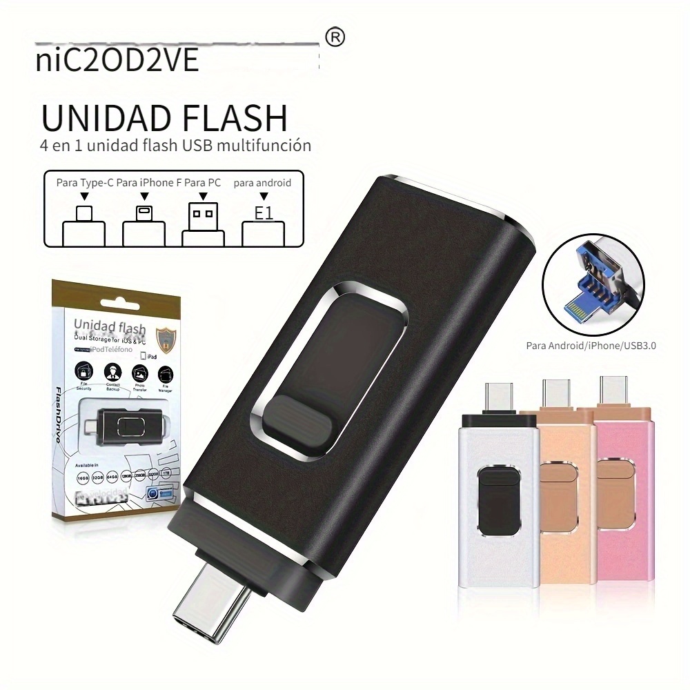 MICRODRIVE OTG Unidad Flash USB Para IPhone 64GB 128GB 256GB Memoria USB  3.0 Almacenamiento Externo Pendrive Para Dispositivos IOS/Android/Type  C/Windows 4 En 1 - Temu Mexico
