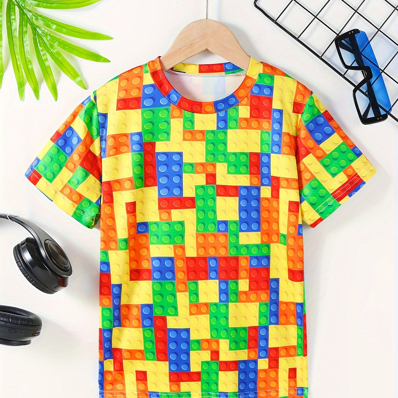 

Boys 3d Building Block Print Fashionable Casual Short Sleeve Top Outdoor Clothes