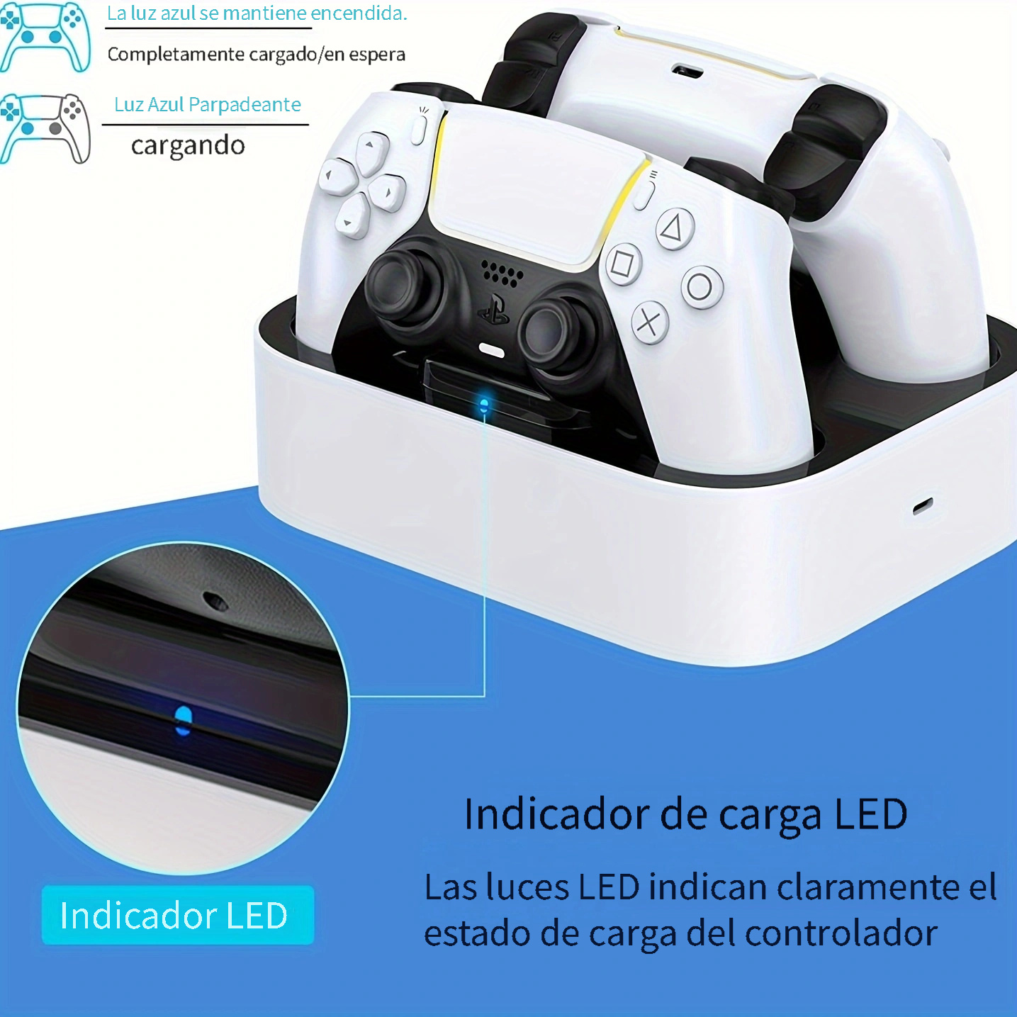 Cargador de Mandos PS5, Cargador Inalámbrico USB para 2 mandos, Carga  Rápida PS5 para Sony PlayStation 5, Estación de Carga con Indicador LED  para DualSense 5, Chip Protector, Carga Rápida y Segura