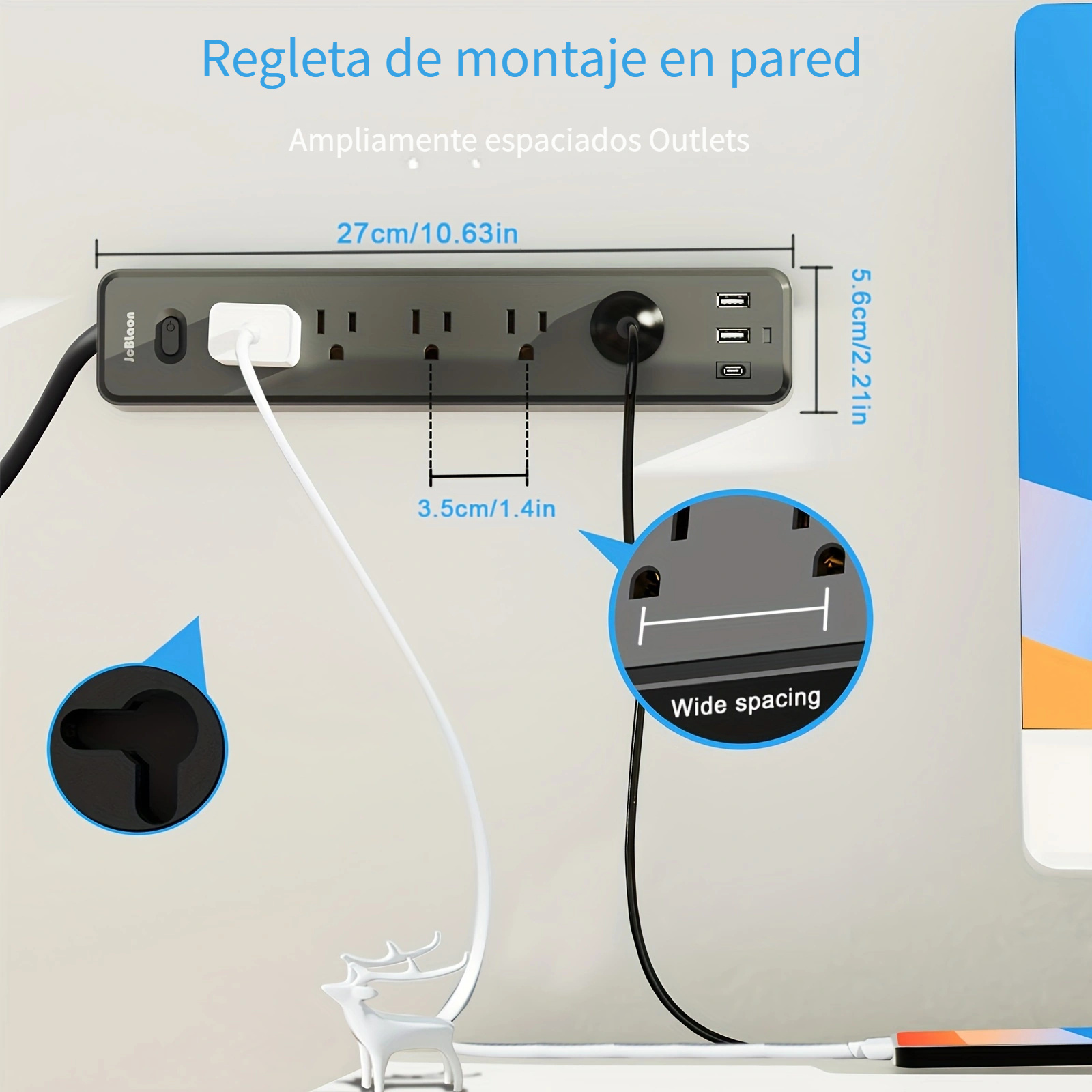 Regleta de alimentación con 12 tomacorrientes y 4 puertos USB y 1 puerto  USB-C (5V/3A) y protector de sobretensiones, 6 salidas con 6 puertos de  carga