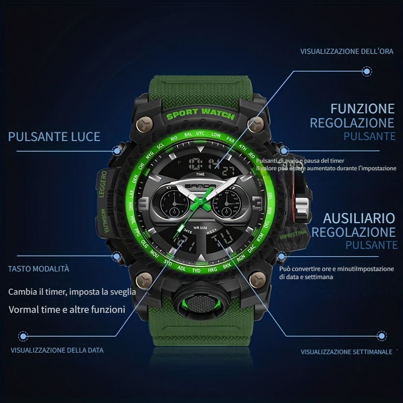 Orologio militare da uomo, orologio digitale sportivo impermeabile a doppio  display