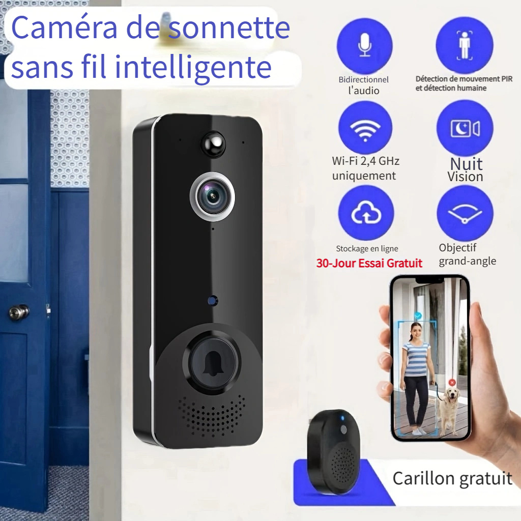 Teceye - Sonnette sans fil - Caméra de sonnette - + Carte SD 32 Go - +  Carillon - Sans