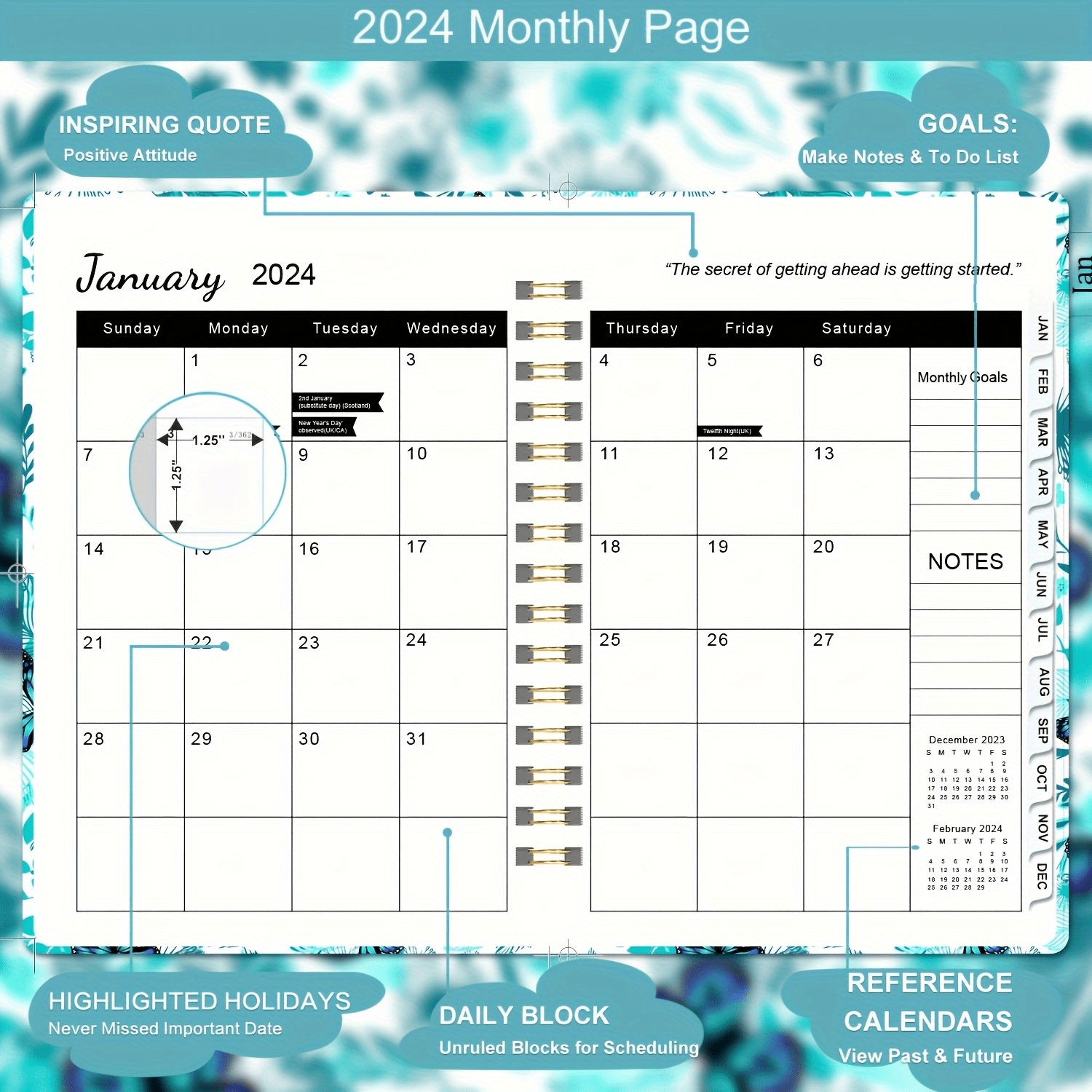 PAPABA Carnet de planification 2024 avec pages d'objectifs mensuels  Planificateur A5 Gestion des rendez-vous Vues hebdomadaires Écriture fluide