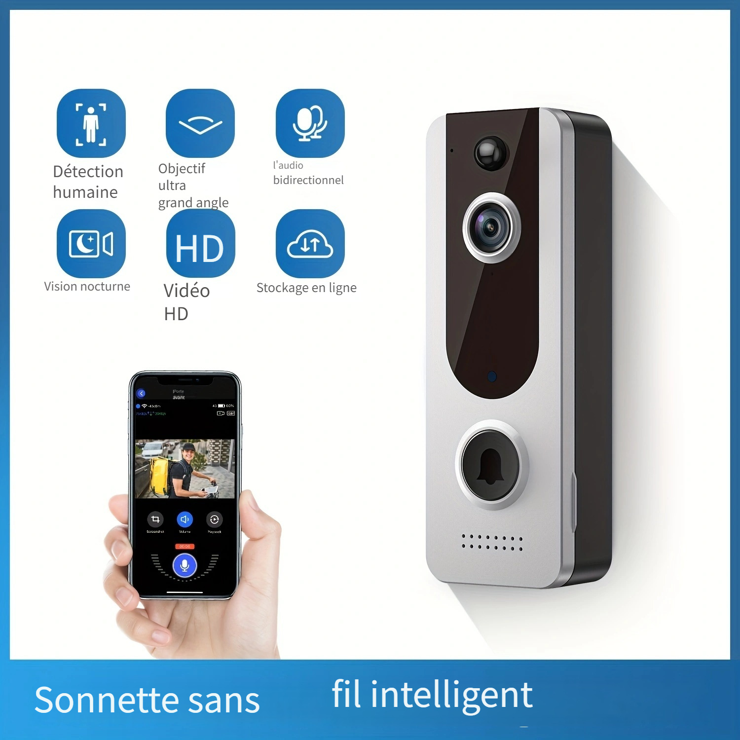 Interphone Vidéo Wifi Smart Sonnette Vidéo Audio sans Fil Interphone Caméra