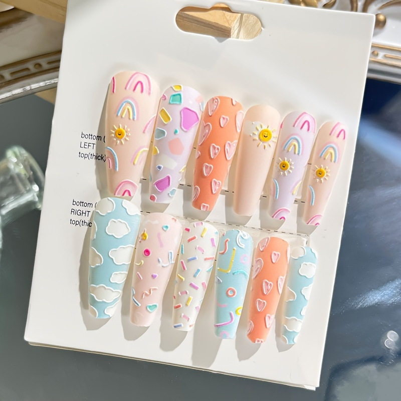 

24pcs Long Coffin Ballerina Shape Press On Nails, Fake Nail With Cloud Sun Design Decor, Full Cover Nails For Women Girls