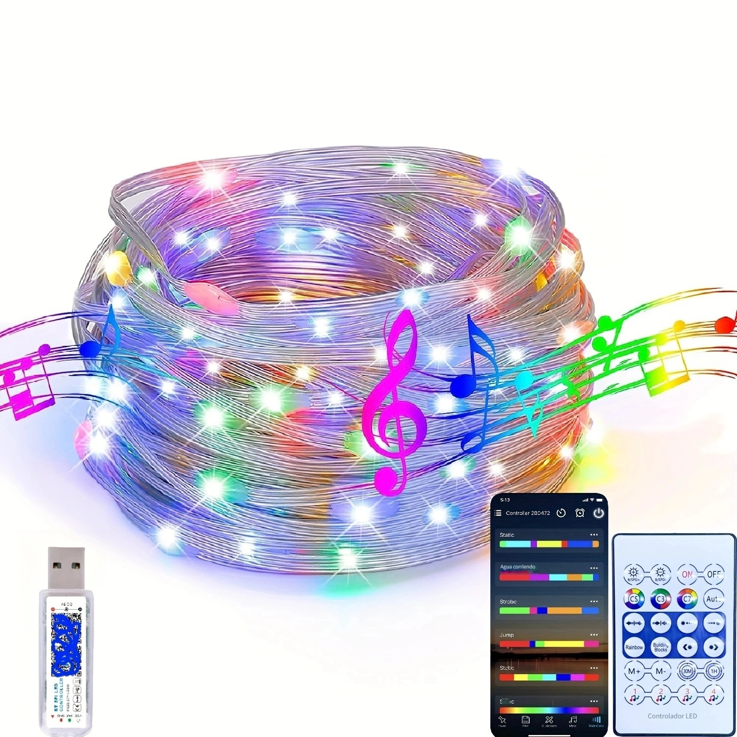 Guirnalda de luces azules, tira de luces LED de 5M y 50 con control remoto,  8 modos de iluminación exterior con pilas para fiesta de Navidad