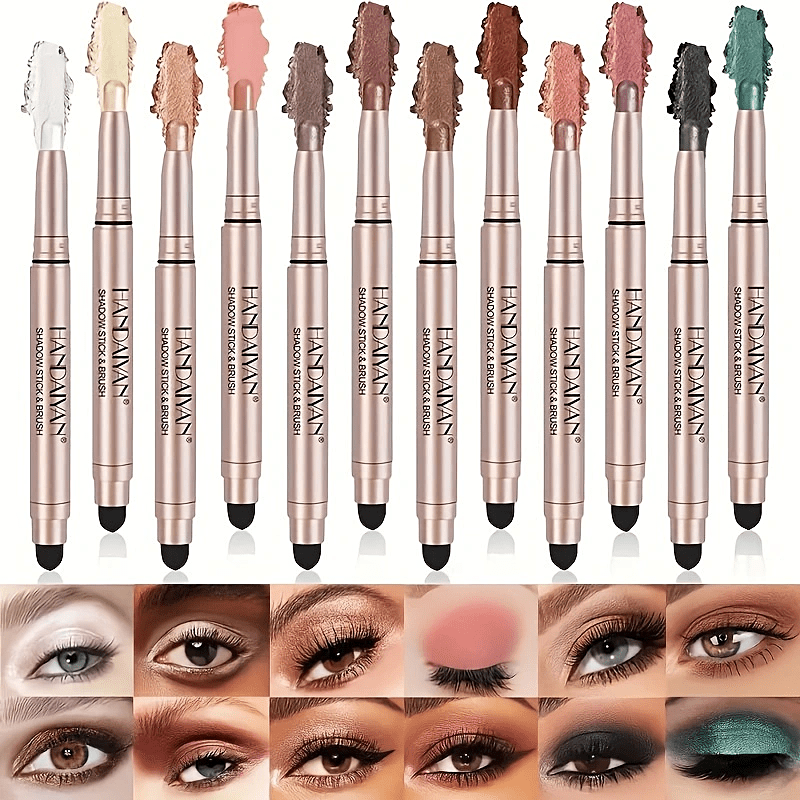 

12 Colors Eyeshadow Stick Smudge Proof Easy Coloring Pearly Glitter Finish Brightening Highlighter Eyeshadow Stick