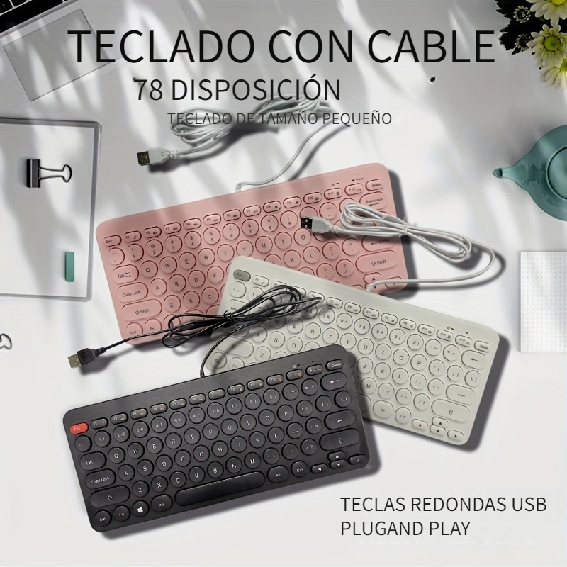 Teclado de cable ultrafino y silencioso, tamaño pequeño, 78 teclas, Mini  teclado Multimedia Usb para ordenador