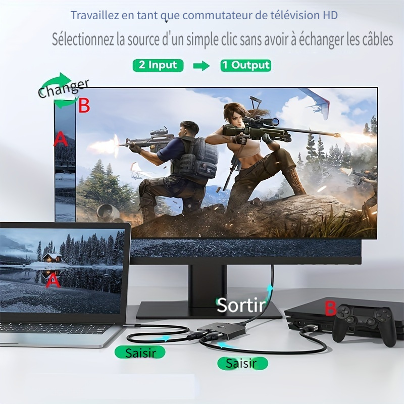 Switch HDMI 4K Bidirectionnel (2 entrées, 1 sortie ou 1 entrée, 2