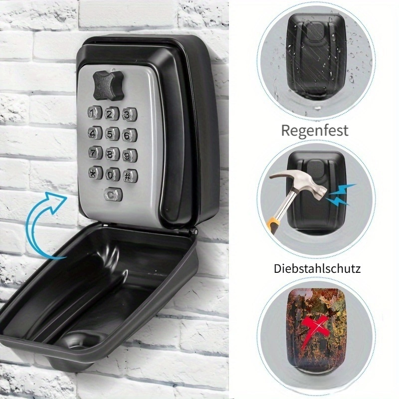 Schlüsselkasten Zur Wandmontage, Wasserdicht, Passwortkombination,  Sicherheitssafe für Hausschlüssel (Matt-schwarz)