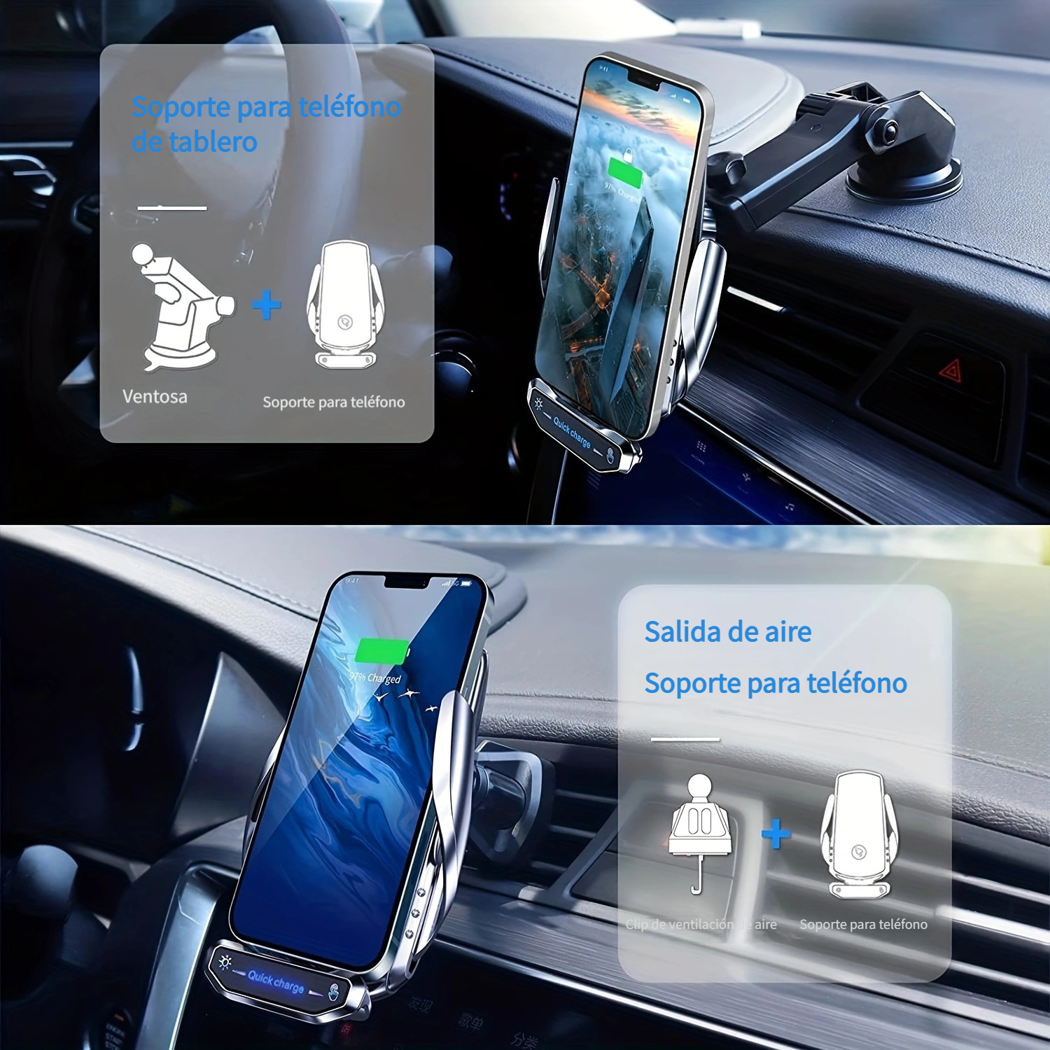 Cargador inalámbrico de coche para todos los teléfonos inteligentes, carga  rápida QI de 15 W, cargador inalámbrico de auto con sujeción automática