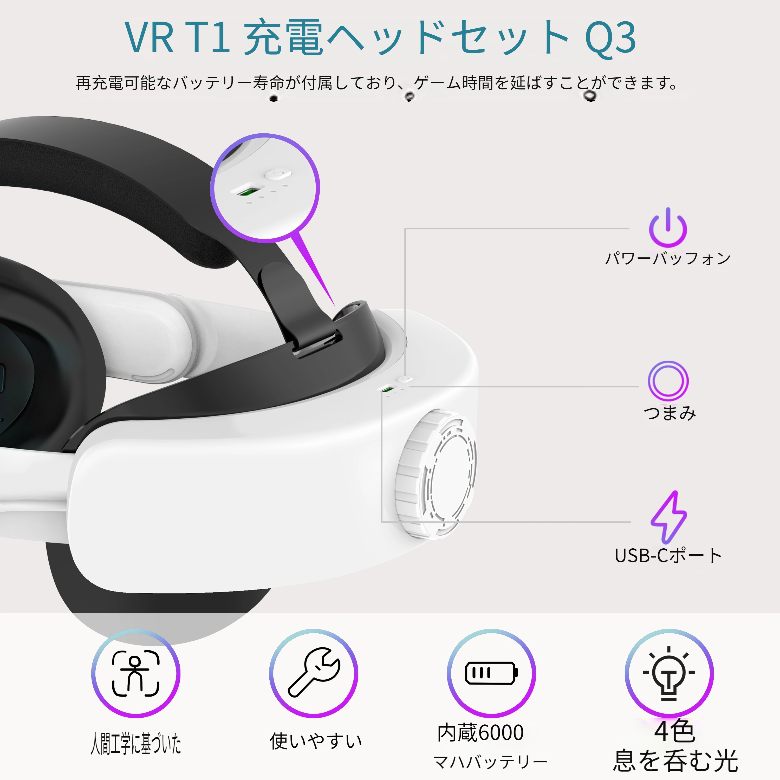 Oculus Quest 3 Quest 2用バッテリー付きヘッドストラップ 6000mAh