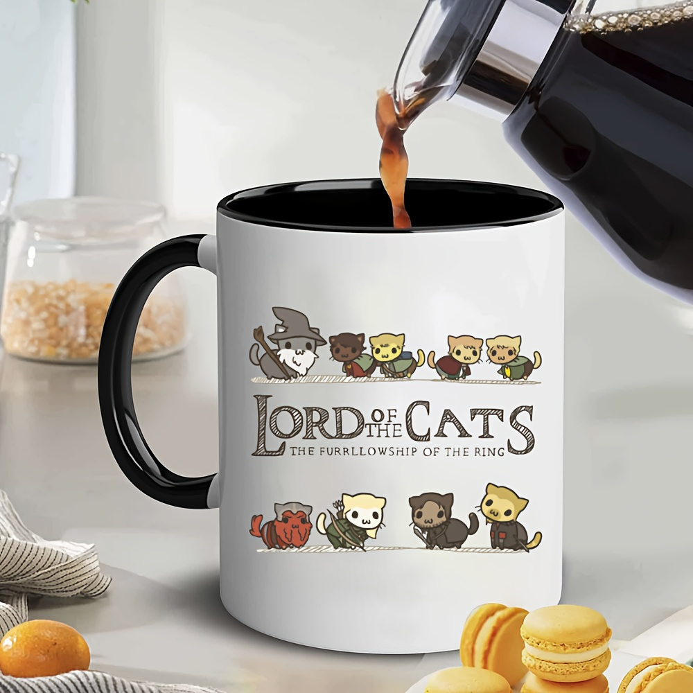 

1pc 11oz Ceramic Water Cup, Tea Coffee Mug, Lord Of The Cats The Furrlowship Of The Ring Pattern Classic Coffee Mug, Birthday Gift, Christmas Gift, Drinkware For Restaurants, Cafes