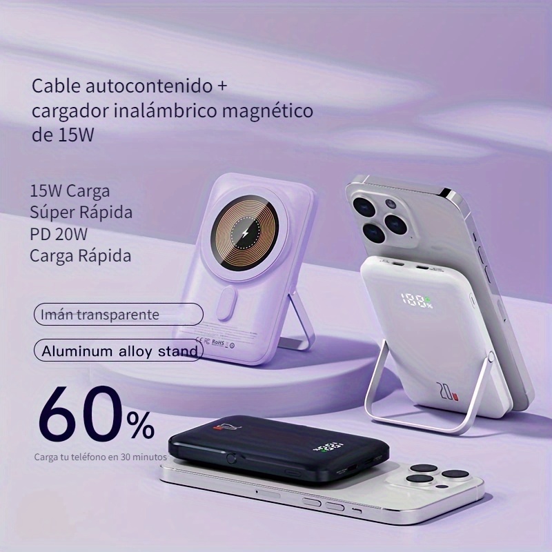 Cargador portátil MagSafe, banco de energía magnético inalámbrico de 5000  mAh con carga USB C y A, paquete de batería delgada para iPhone 15/15  Pro/15
