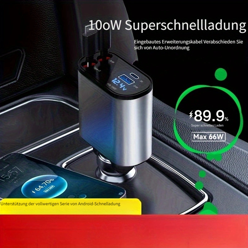 100 W 4-in-1-Autoladegerät Mit Einziehbarem Kabel, Digitalanzeige
