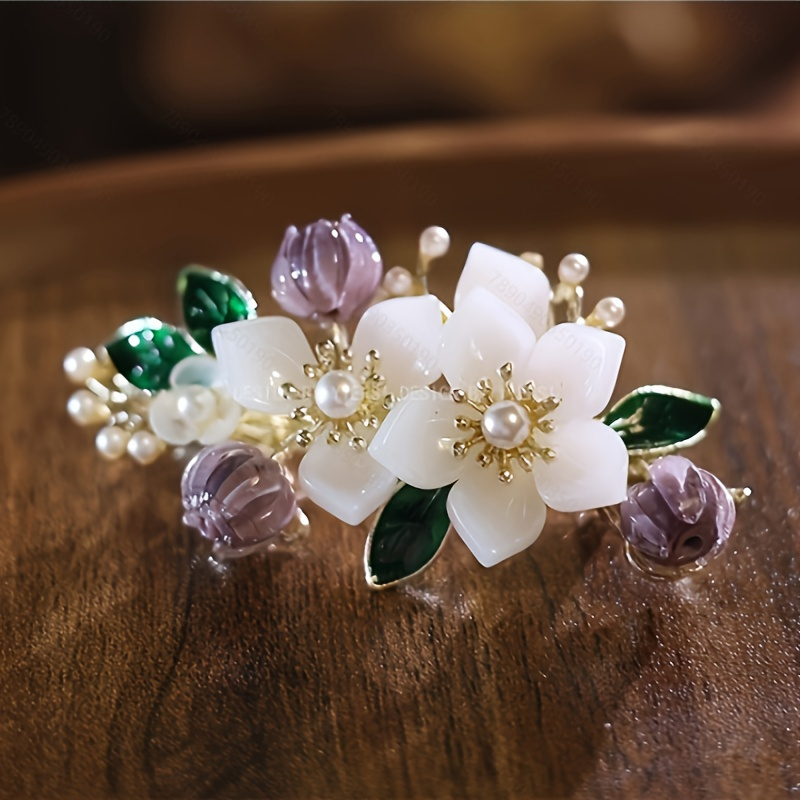 

1pc Elegant Flower And Faux Pearl Decor Spring Clip Half-tied Hair Clip - Stylish Headwear Accessory For Hair Styling