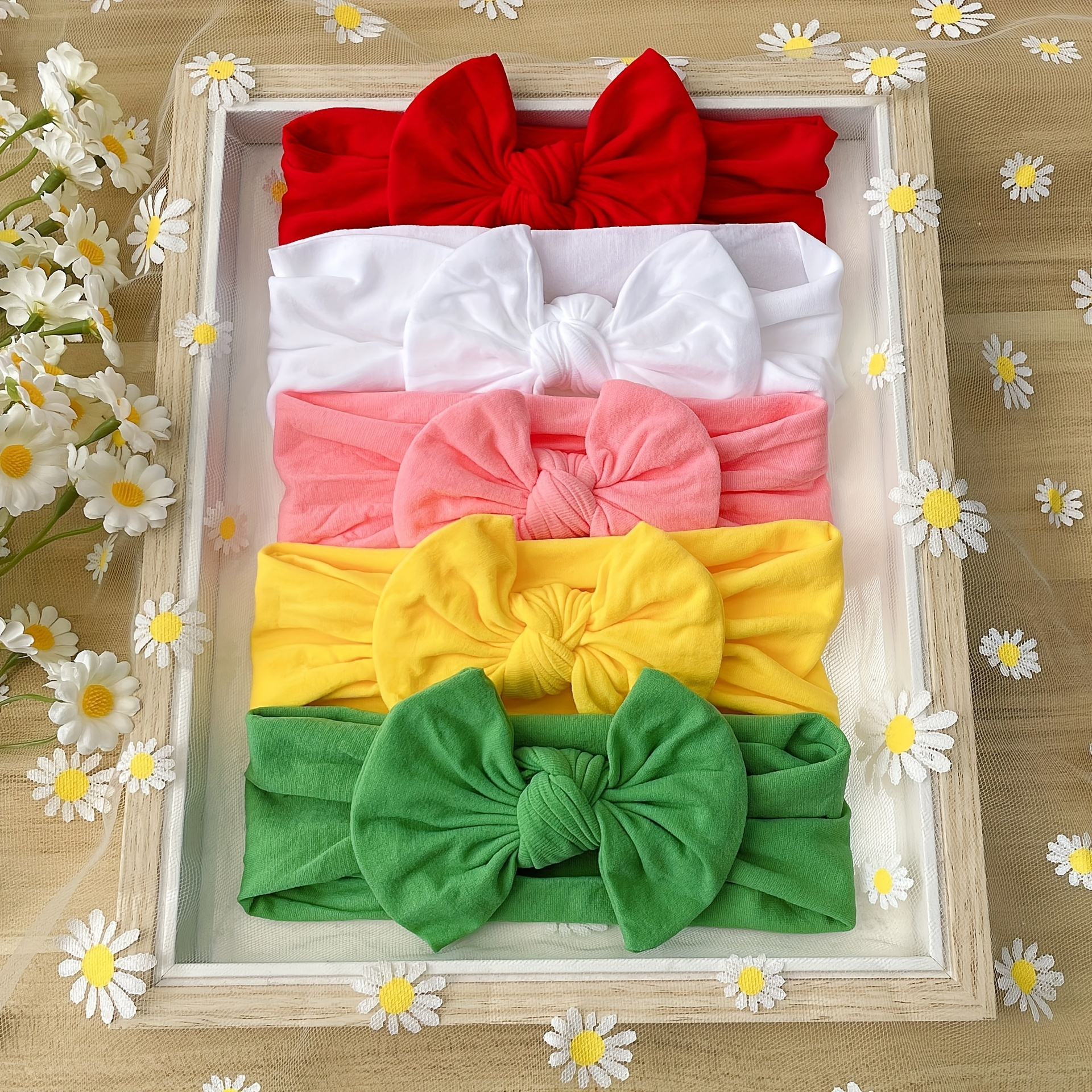 

5pcs New Soft Elastic Hairband Red White Yellow Green Headwear Cute Bowknot Decorative Hair Accessories, Ideal Choice For Gifts