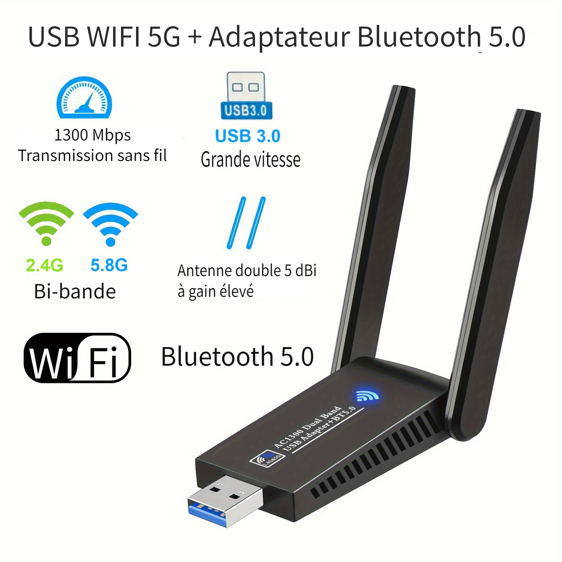 Adaptateur USB Wi-Fi/Adaptateur USB Wifi Double Bande 2.4G/5G Noir