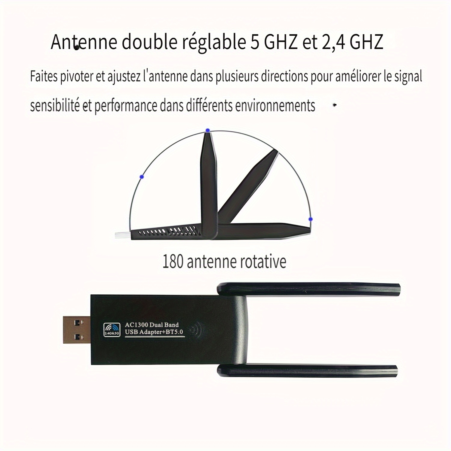 1300 Mbit/s adaptateur USB Wifi Bluetooth double bande 2,4 G/5 GHz 802,11 AC