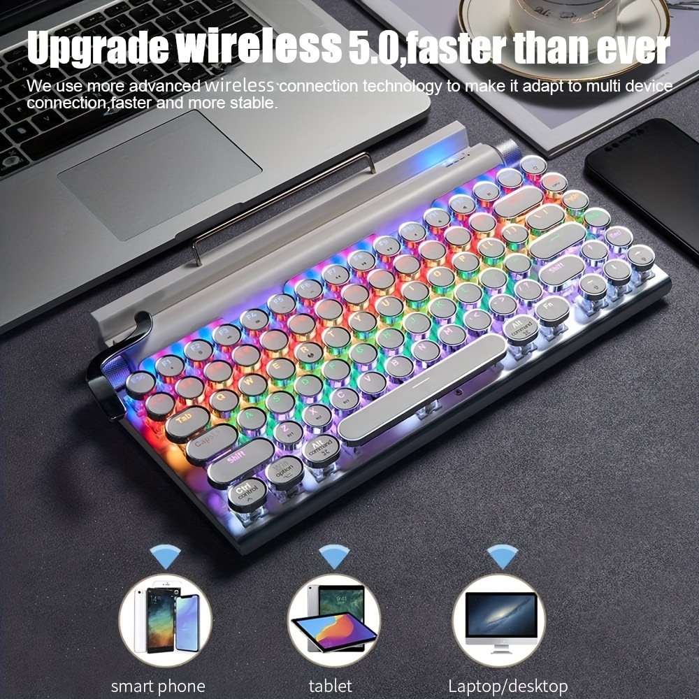 retro typewriter mechanical keyboard wired and wireless 5 0 compact led color light 80 layout keyboard hot swappable axis body can be plugged and unplugged pbt round keycaps details 0