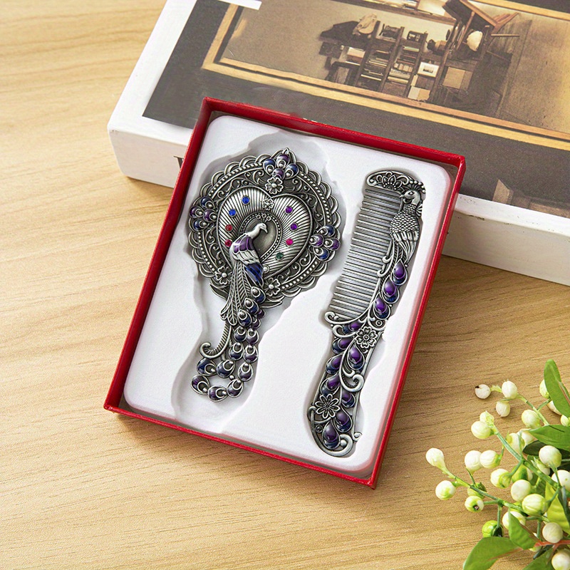 A Set Of 2 Vintage Makeup Mirrors With Makeup Brush Handles, Featuring A Small Mirror On The Handle, Portable And Convenient, Making It A Great Gift Set.