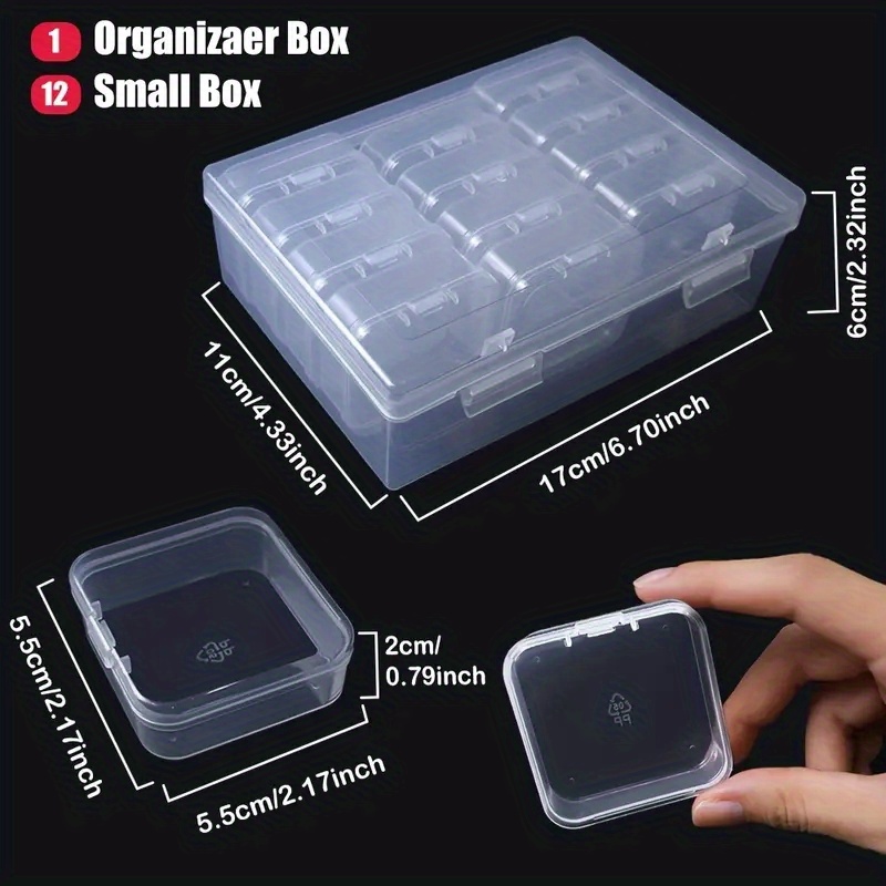12 pièces Mini boîtes de stockage en plastique transparent pour organiser  les perles (2,12x2,12x0,79), Petite boîte vide pour organiser avec  couvercle rabattable pour le stockage de petits éléments, bijoux, matériel,  accessoire de
