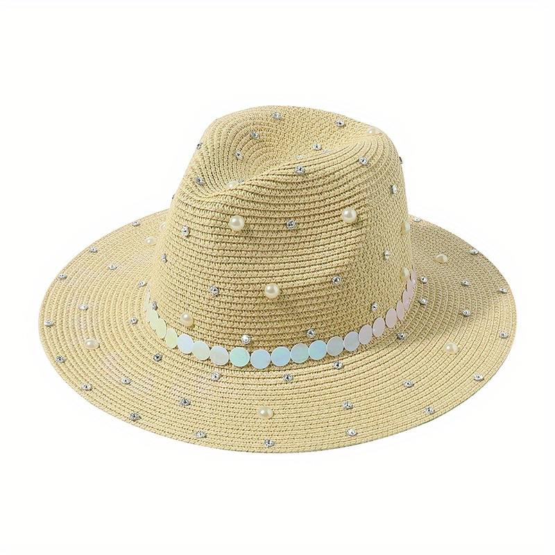 Faux Pearl Decor Straw Fedora Cap Jazz Sun Hat for Women