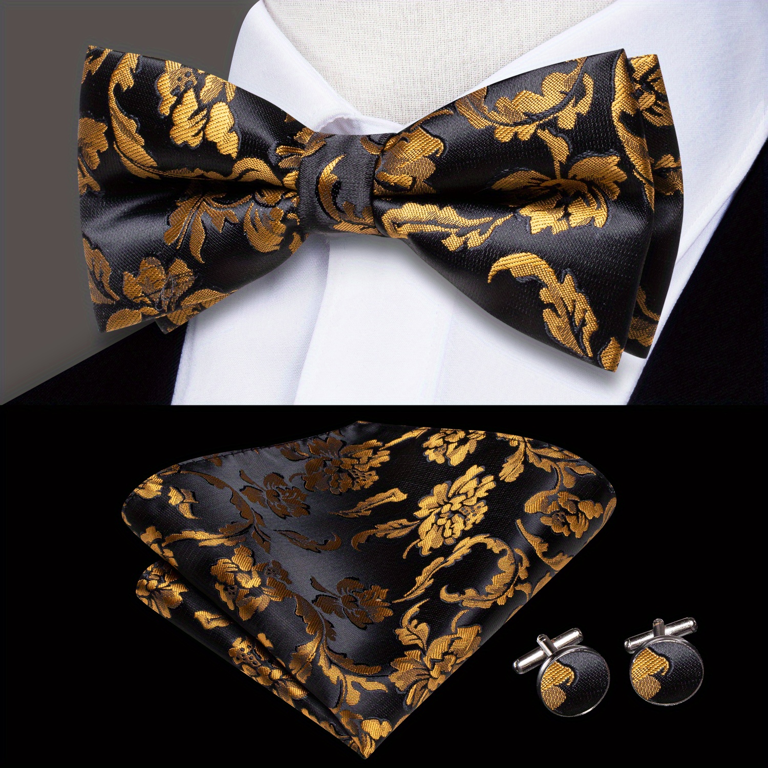Black and Gold Mens Bow Tie for Men Wedding Bow Tie Set 
