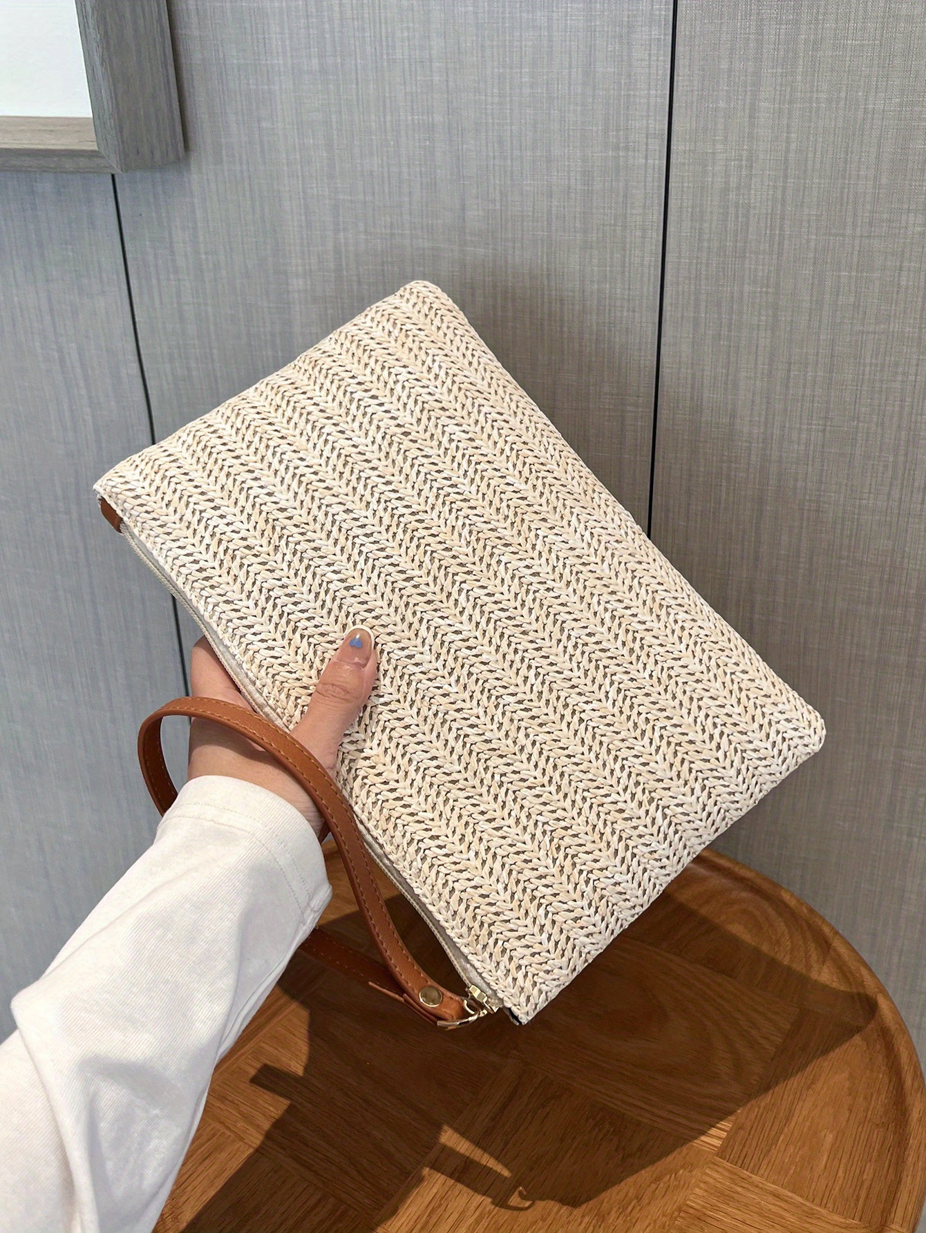 Straw Woven Clutch Bag, Trendy Braided Waist Purse, Women's Zipper Handbags For Phone Coin Key