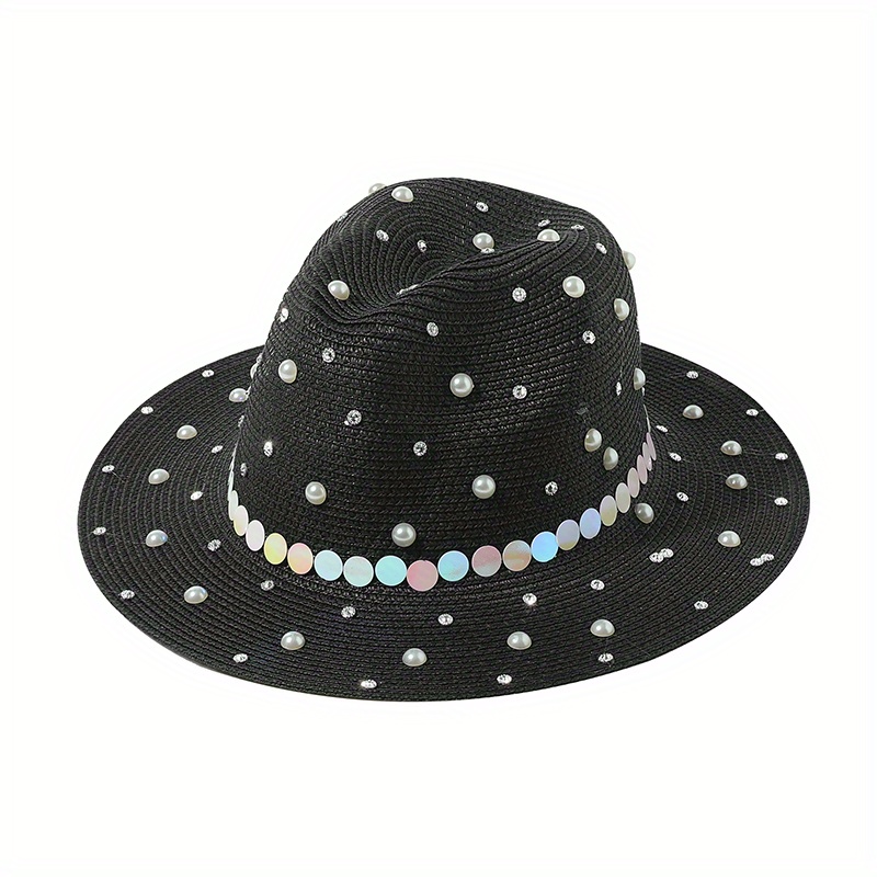 Faux Pearl Decor Straw Fedora Cap Jazz Sun Hat for Women