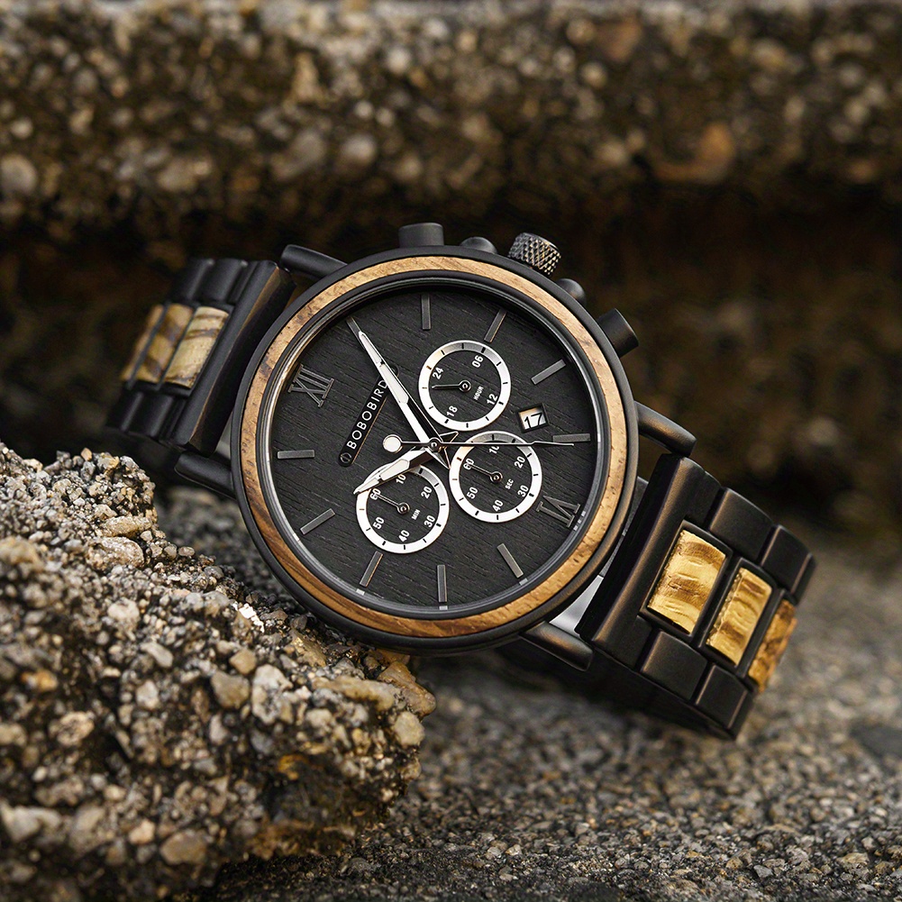 Chronograph Watches For Men With Dark Wood & Stainless Steel Combined Watch  Band