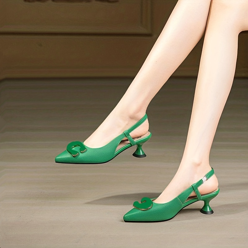 Women's Soldi Color Low Heels, Fashion Letter Decor Pointed Toe Slingback  Sandals, Slip On Flare Heels - Temu Switzerland