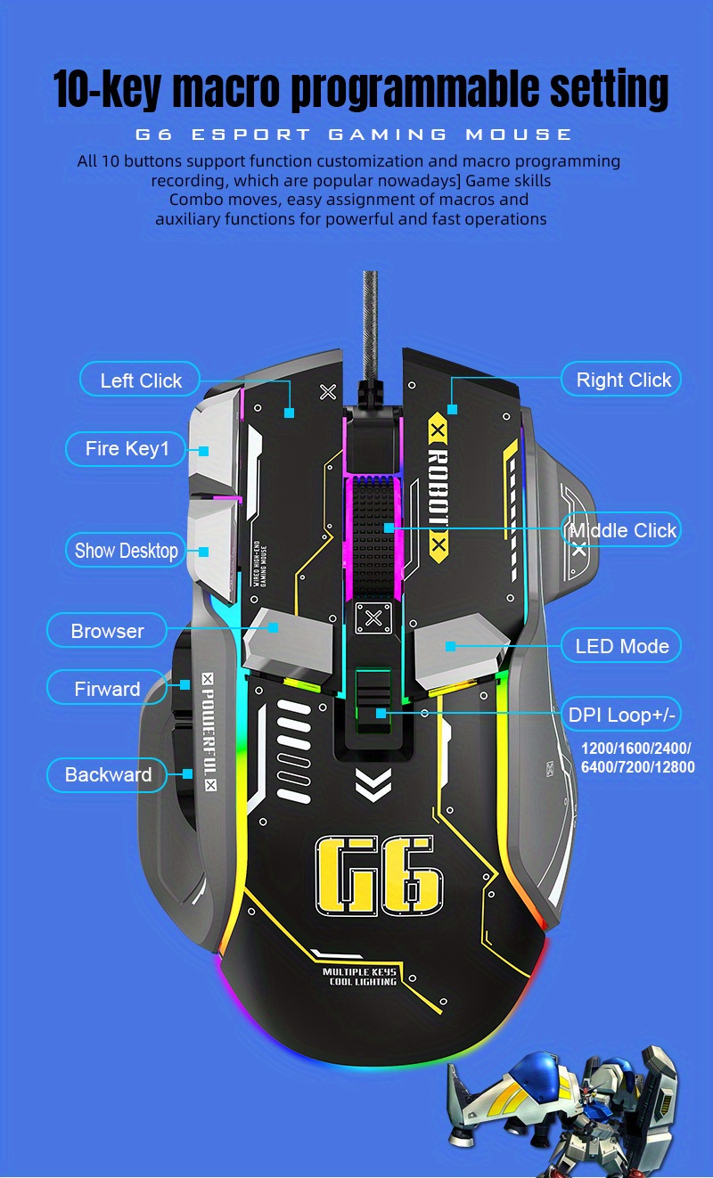   Faresi, 12 RGB Arkadan Aydınlatmalı, Yüksek Hassasiyetli 12800 DPI Ayarlanabilir, 10 Programlanabilir Düğmeli Kablolu Fare PC   Fareleri, Windows Dizüstü   Için   Bilgisayar USB   Faresi ( ) ayrıntılar 6