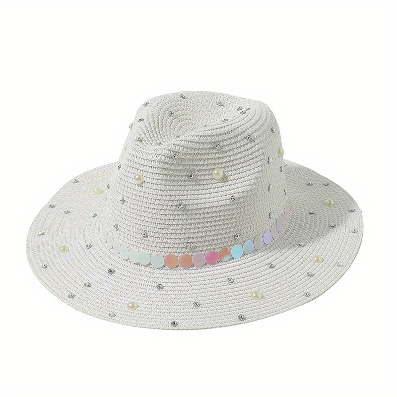 Faux Pearl Decor Straw Fedora Cap Jazz Sun Hat for Women