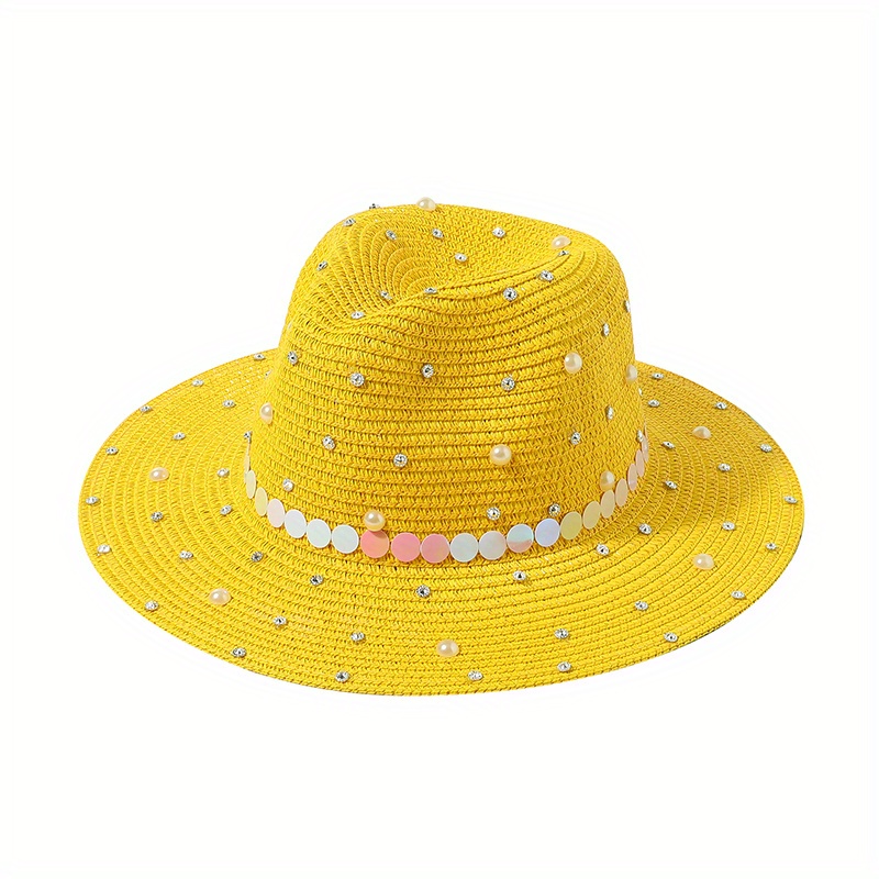 Faux Pearl Decor Straw Fedora Cap Jazz Sun Hat for Women
