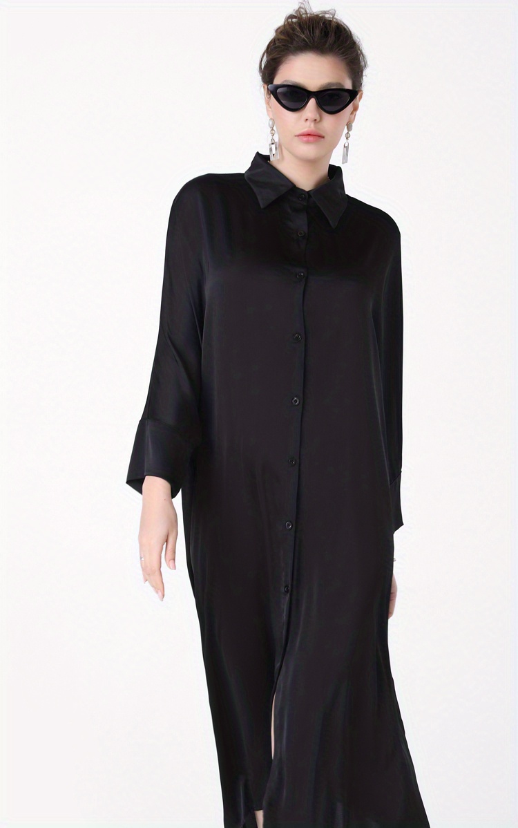 plus black satin button front shirt dress Black Satin Button Down Shirt Dress