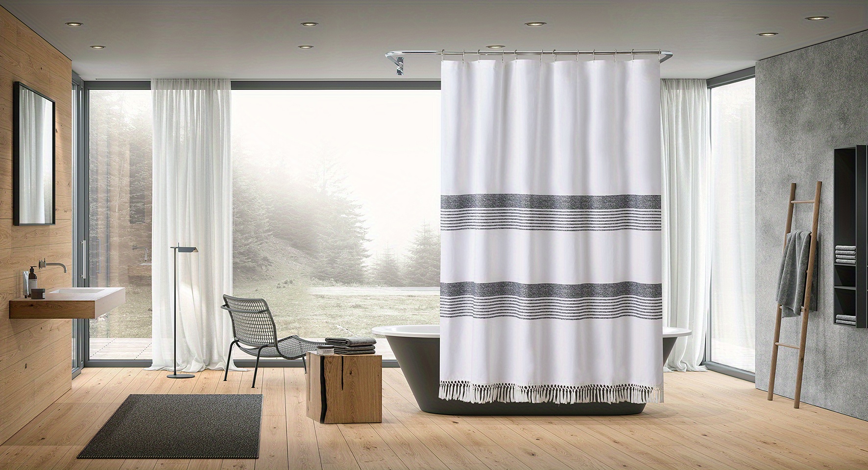 Tenda doccia in tessuto bianco con righe color marrone e nero 240 cm -  Living di Gedy