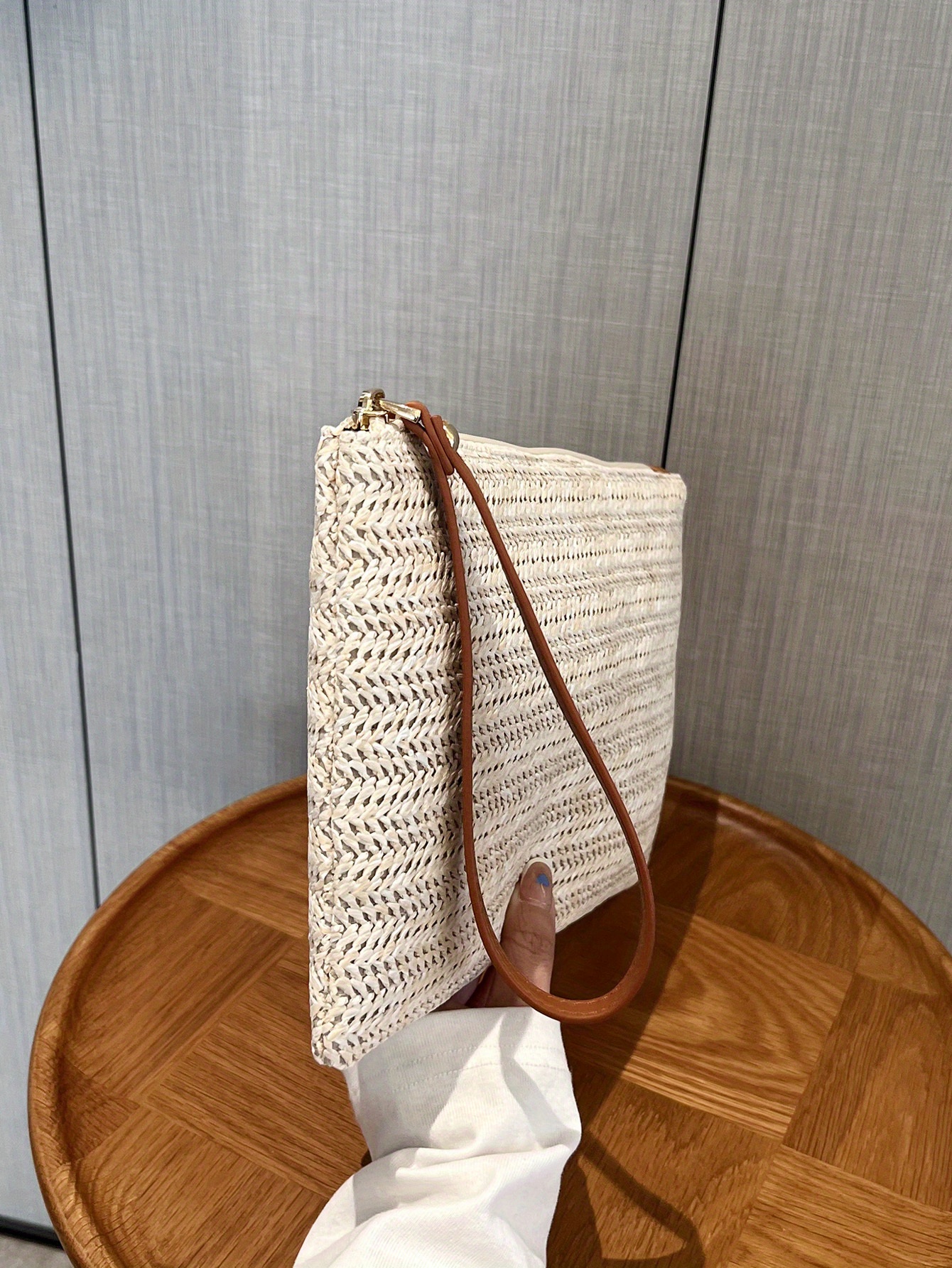 Straw Woven Clutch Bag, Trendy Braided Waist Purse, Women's Zipper Handbags For Phone Coin Key