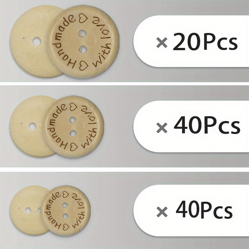 150pcs Wooden Handmade with Love Round Craft Decor 2 Holes Wooden Sewing Buttons (15-20-25mm)