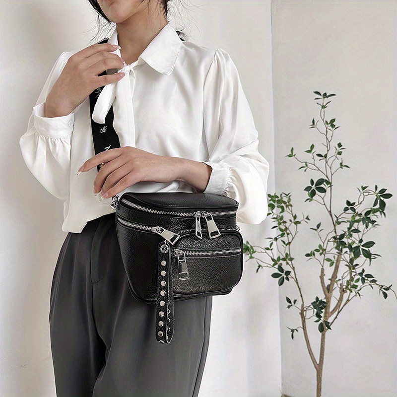 Genuine Leather Black Chest Bag Studded Double Zipper Waist Temu