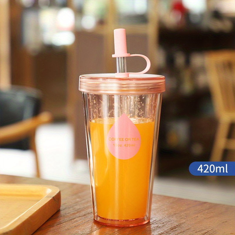 1pc 750ml Double Layer Plastic Cup With Straw, Simple-style Milk Tea Water  Cup, Large Capacity Household Drinking Cup