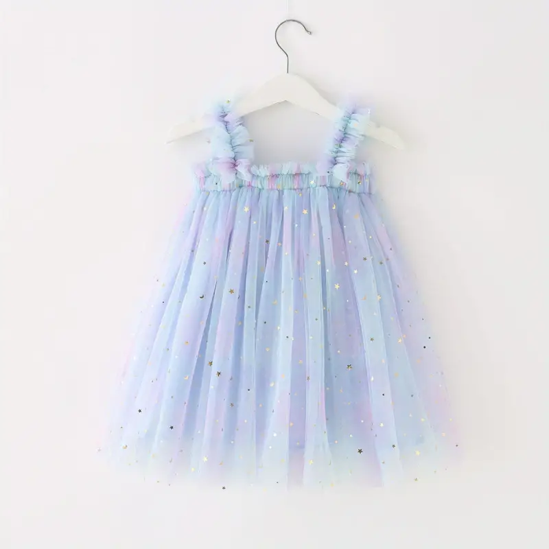 toddler girls sequin stars moon frill trim shirred rainbow color mesh princess puffy cami dress for party beach vacation kids summer clothes details 1