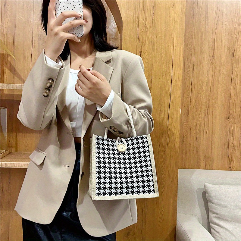 Houndstooth Pattern Linen Tote Bag, Button Decor Handbag, Simple Lunch Box  Bag For Work & School - Temu Japan
